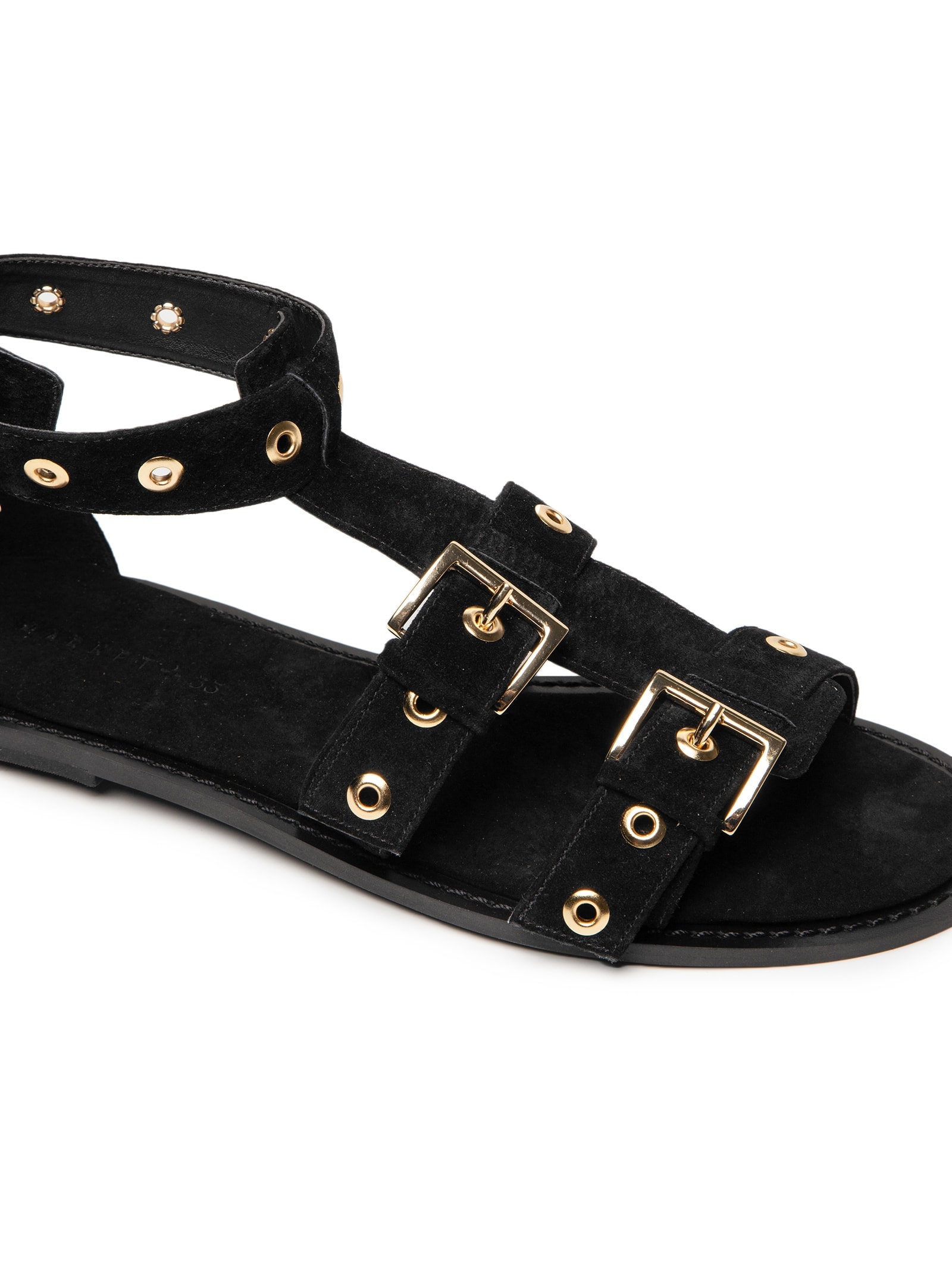 Sandália Feminina Rasteira Em Couro Com Tachas E Fivelas Preto Market 33