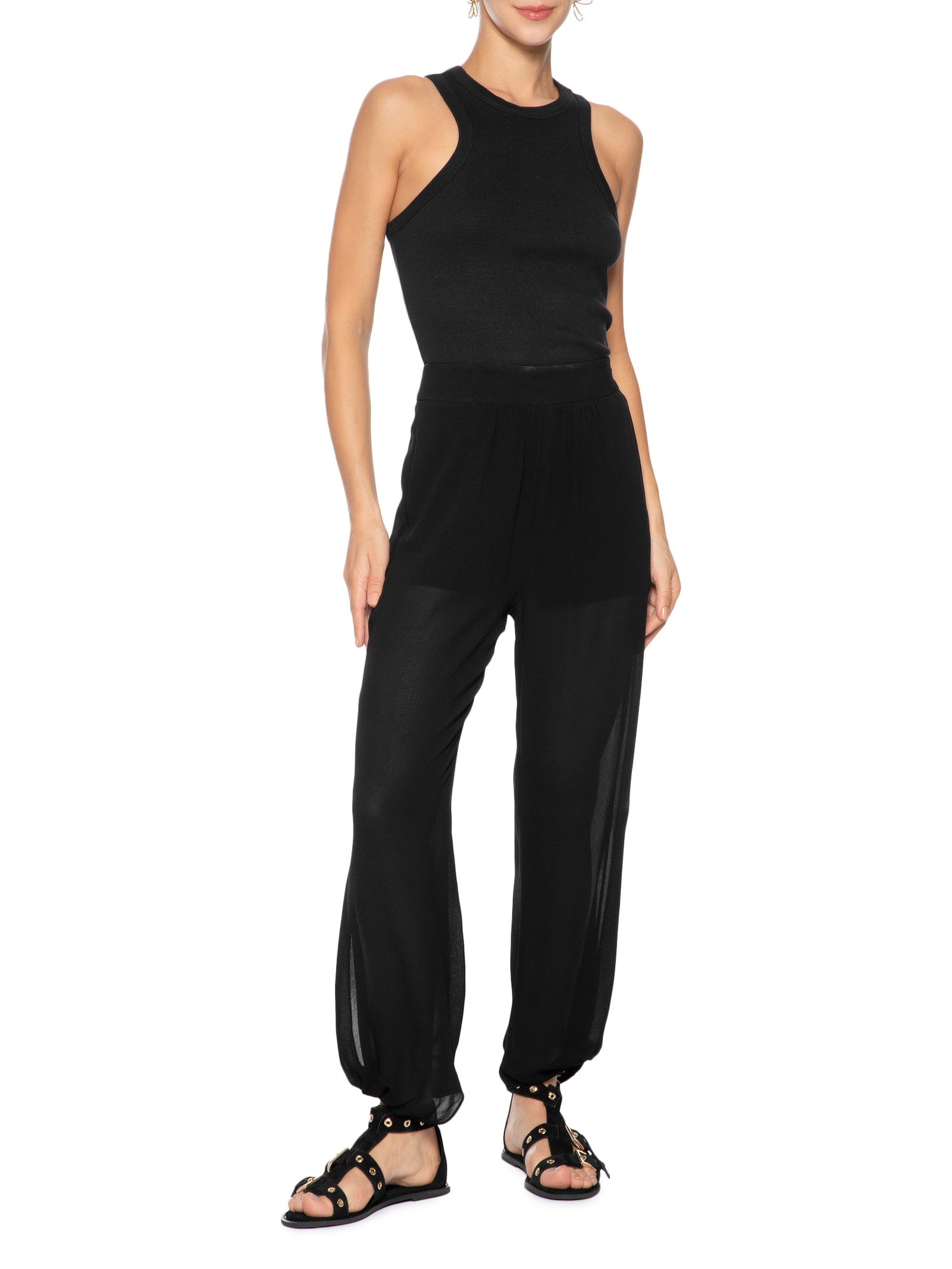 Sandália Feminina Rasteira Em Couro Com Tachas E Fivelas Preto Market 33