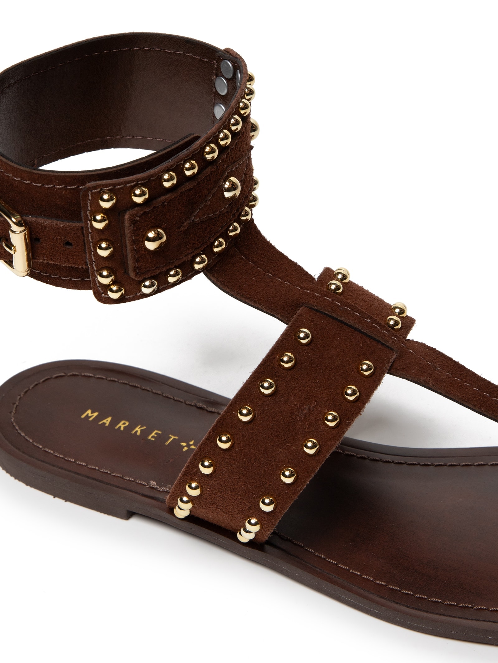 Sandália Feminina Rasteira Em Couro Com Tachas Marrom Market 33