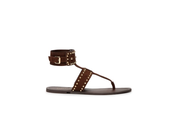 Sandália Feminina Rasteira Em Couro Com Tachas - Marrom