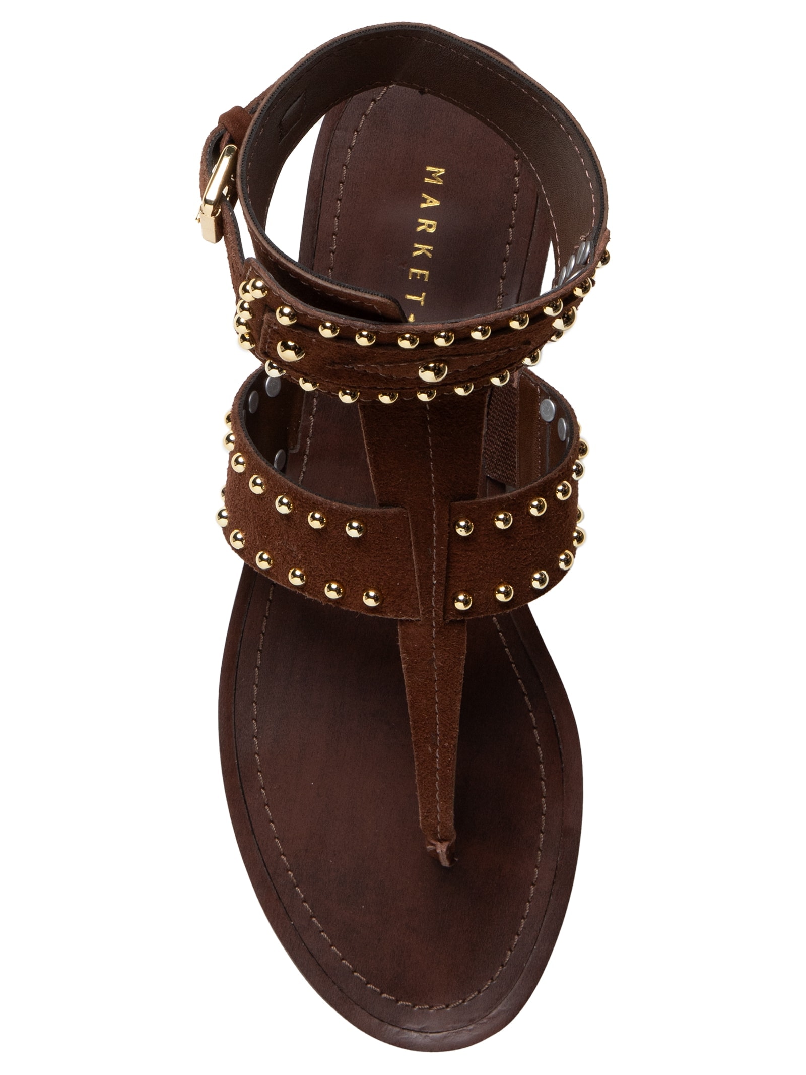Sandália Feminina Rasteira Em Couro Com Tachas Marrom Market 33