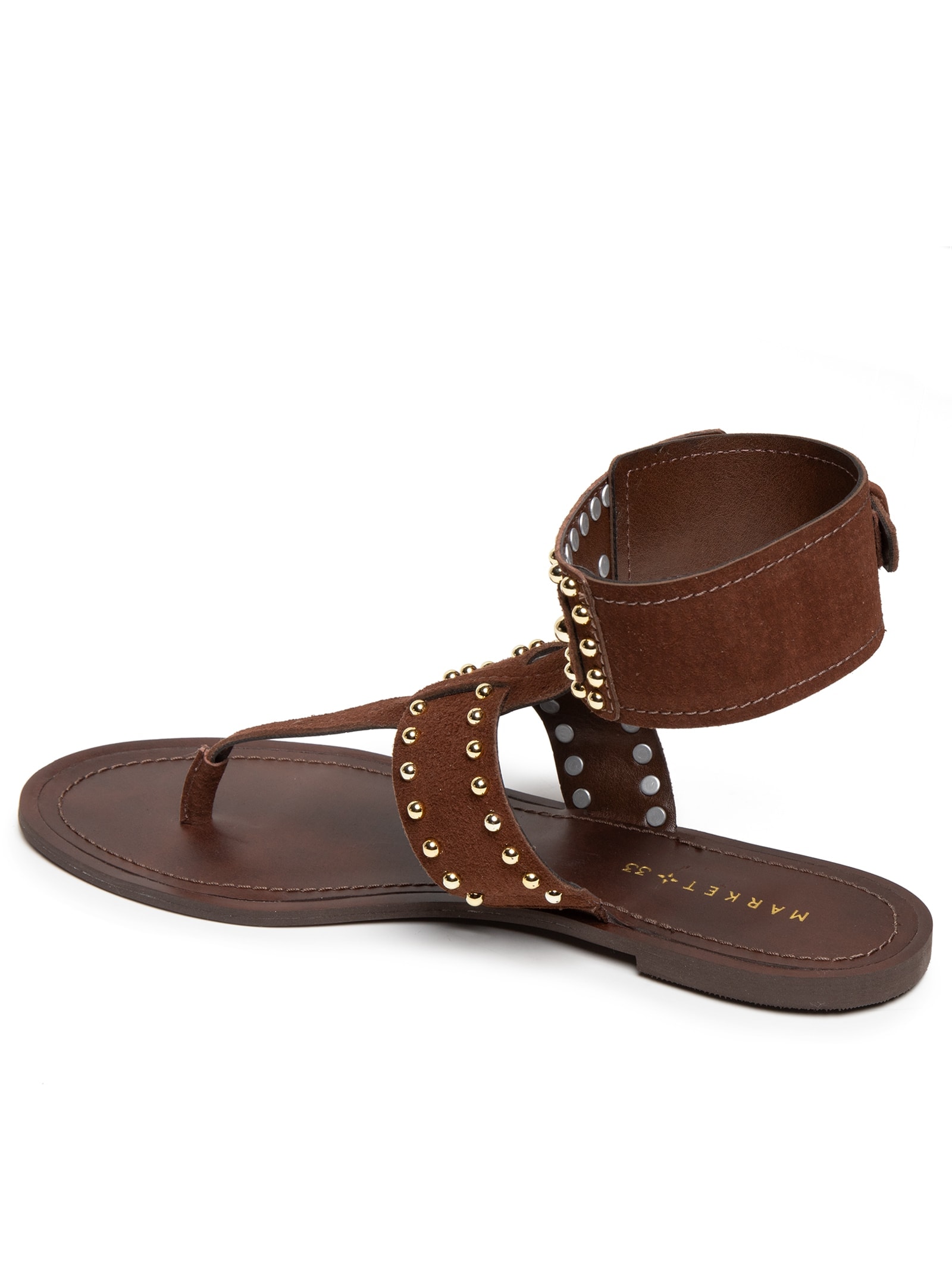 Sandália Feminina Rasteira Em Couro Com Tachas Marrom Market 33