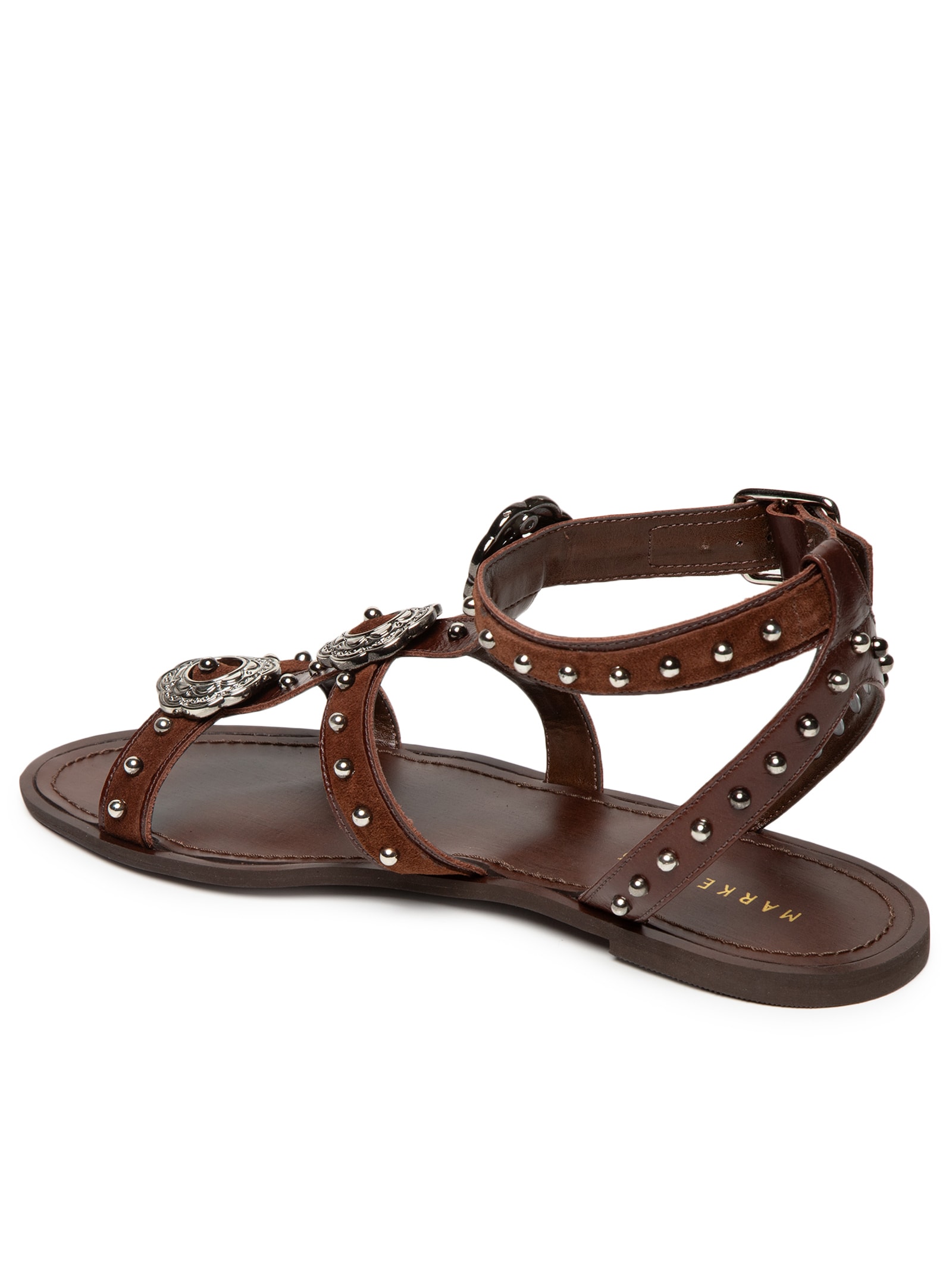 Sandália Feminina Rasteira Em Couro Com Tachas Marrom Market 33