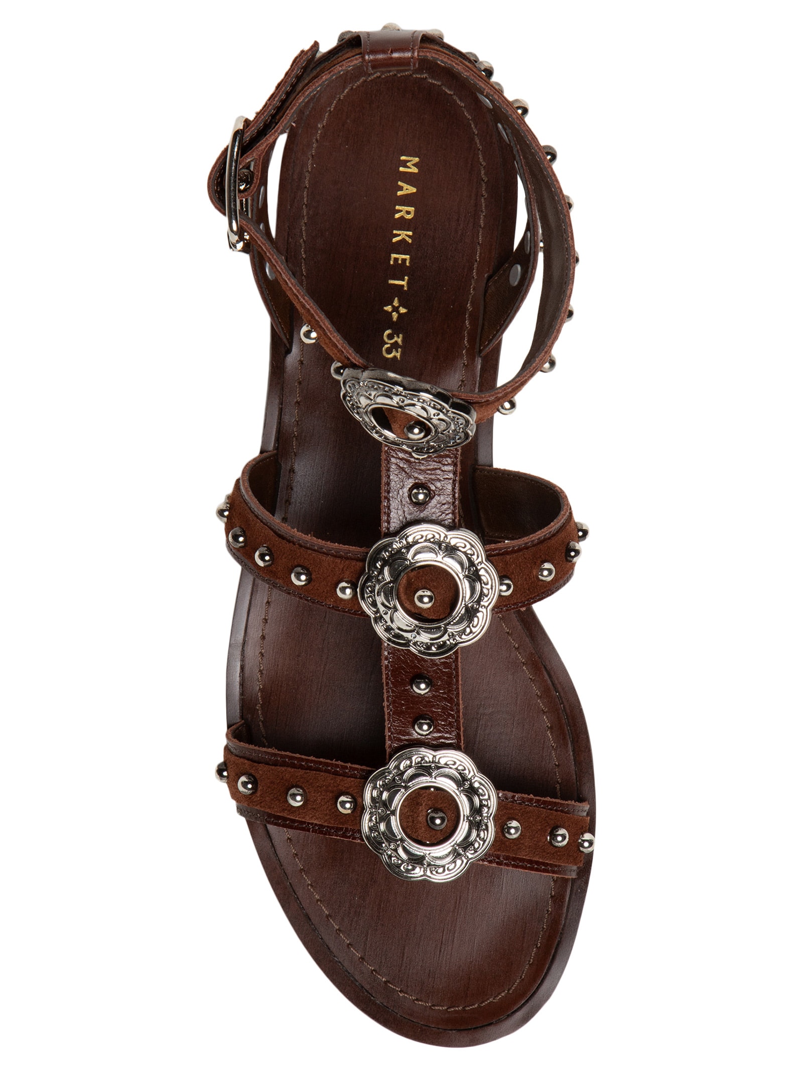 Sandália Feminina Rasteira Em Couro Com Tachas Marrom Market 33