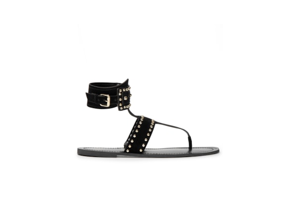 Sandália Feminina Rasteira Em Couro Com Tachas - Preto