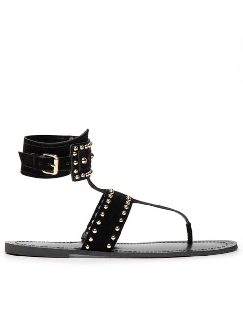 Sandália Feminina Rasteira Em Couro Com Tachas – Preto