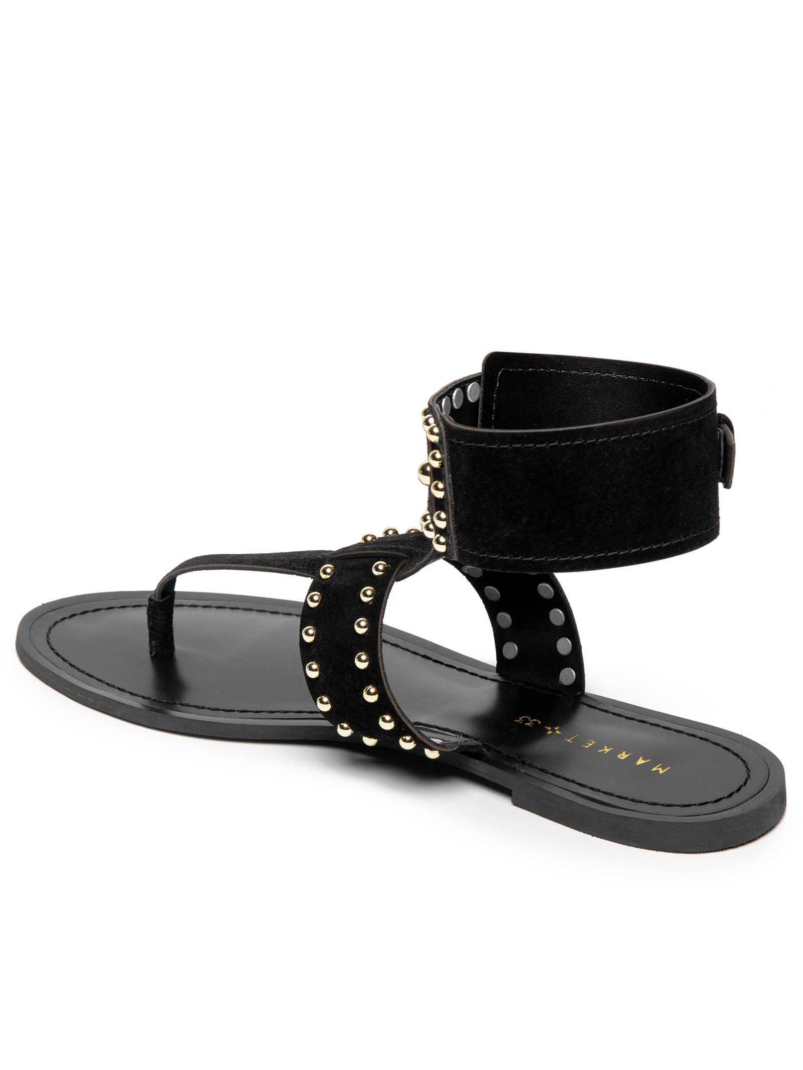 Sandália Feminina Rasteira Em Couro Com Tachas Preto Market 33