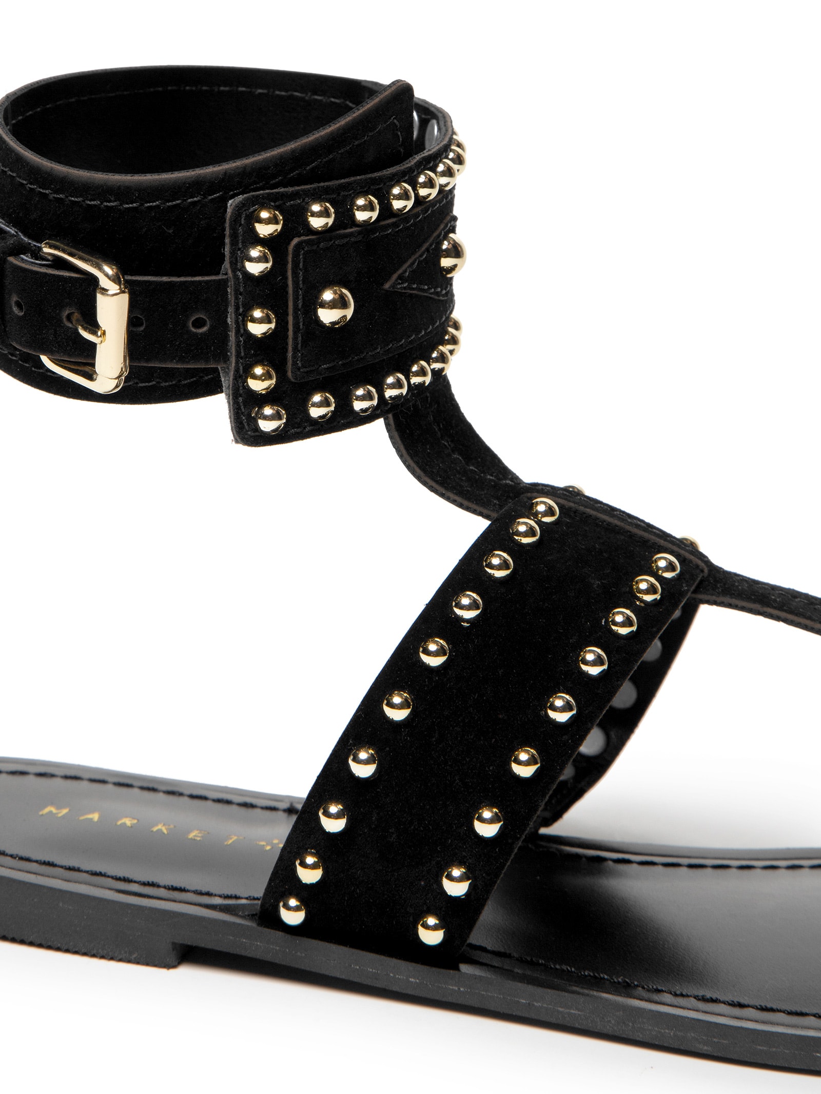 Sandália Feminina Rasteira Em Couro Com Tachas Preto Market 33