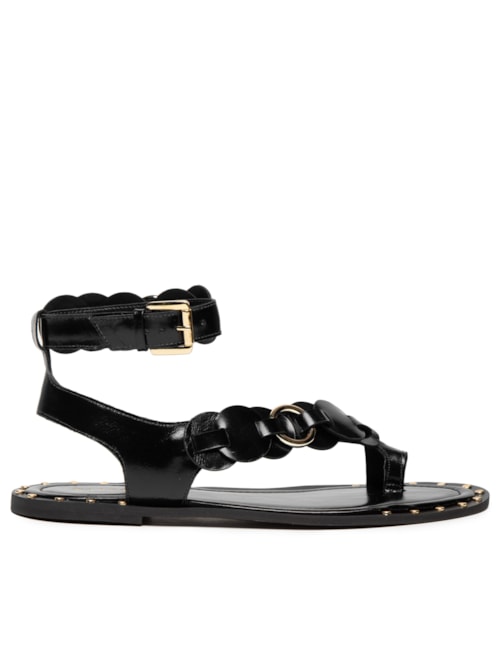 Sandália Feminina Rasteira Em Couro – Preto