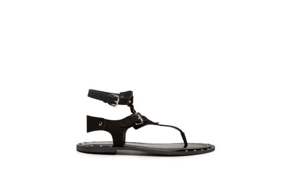 Sandália Feminina Rasteira Em Couro - Preto