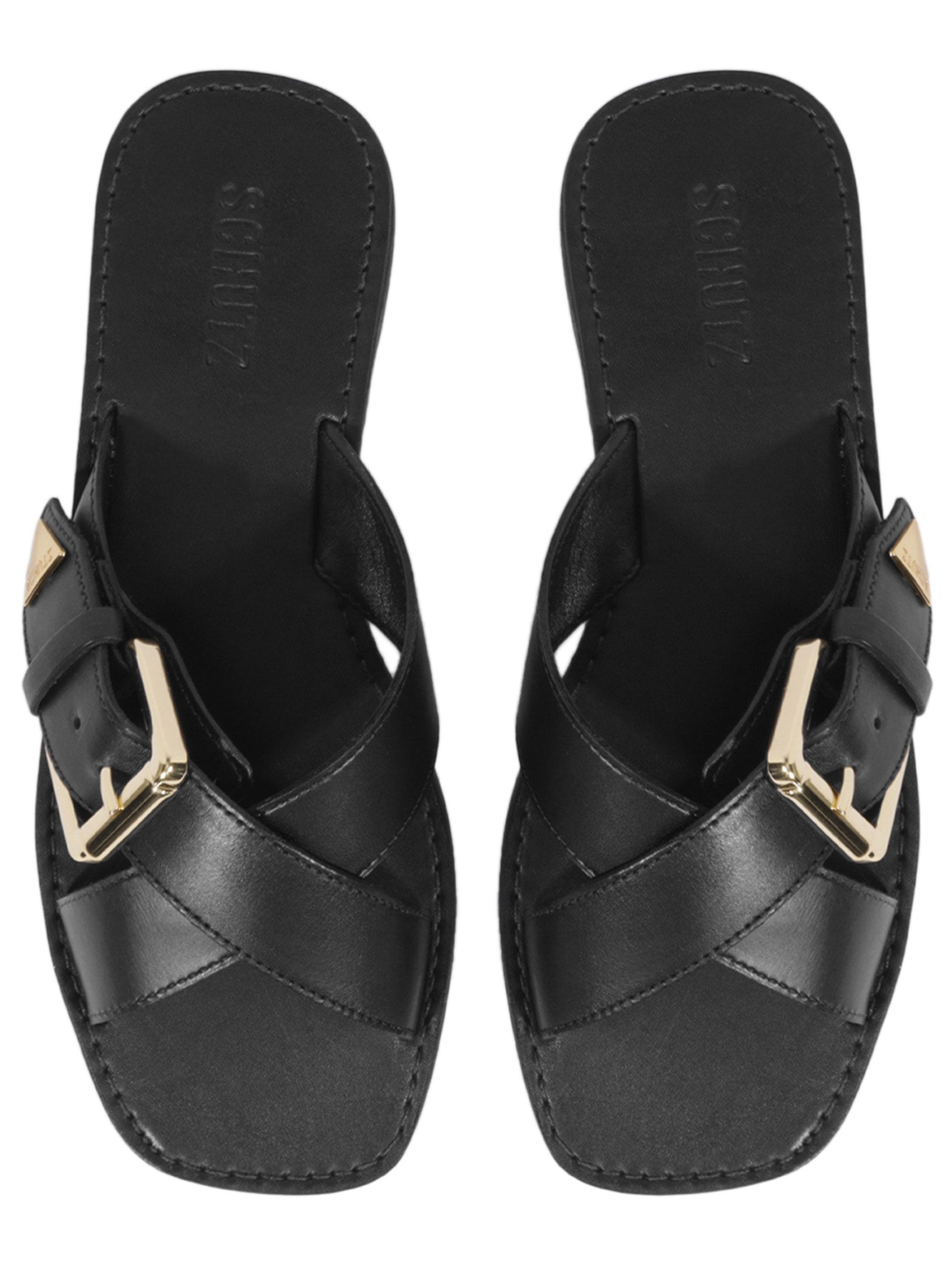 Sandália Feminina Rasteira Fivela Couro Preto Schutz