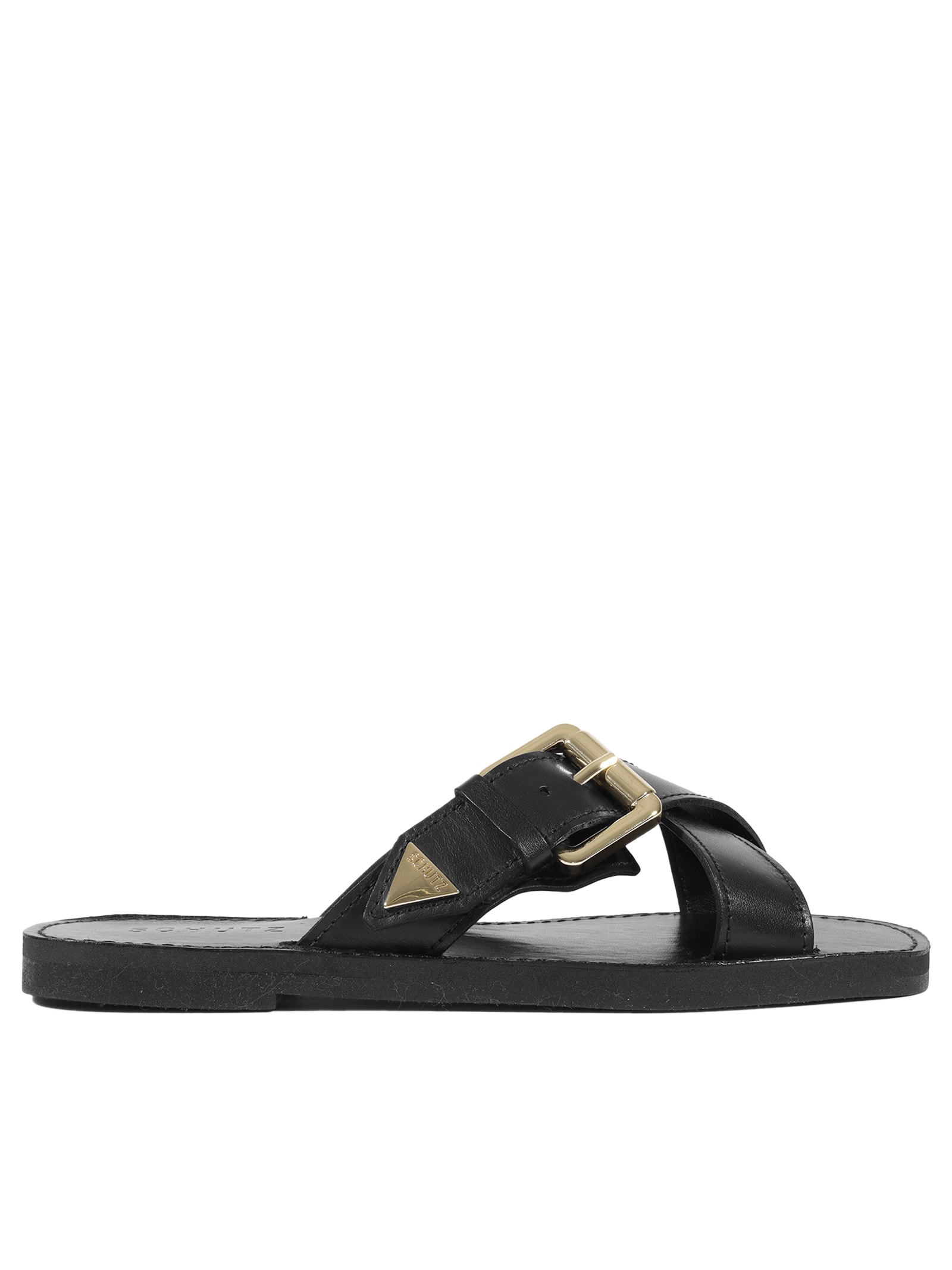 Sandália Feminina Rasteira Fivela Couro Preto Schutz