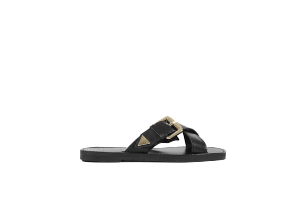 Sandália Feminina Rasteira Fivela Couro - Preto