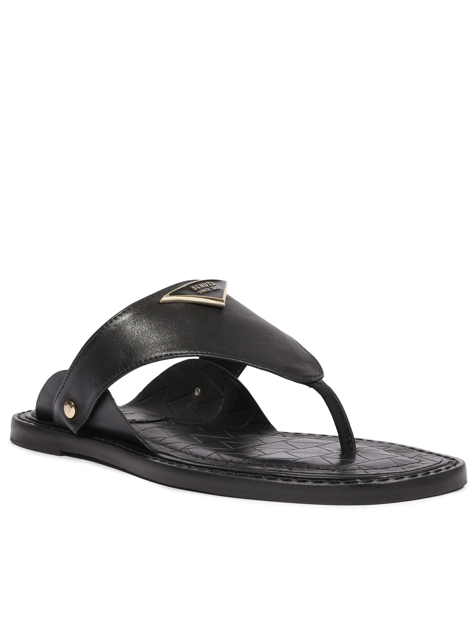 Sandália Feminina Rasteira Flat Shield Couro Preto Schutz