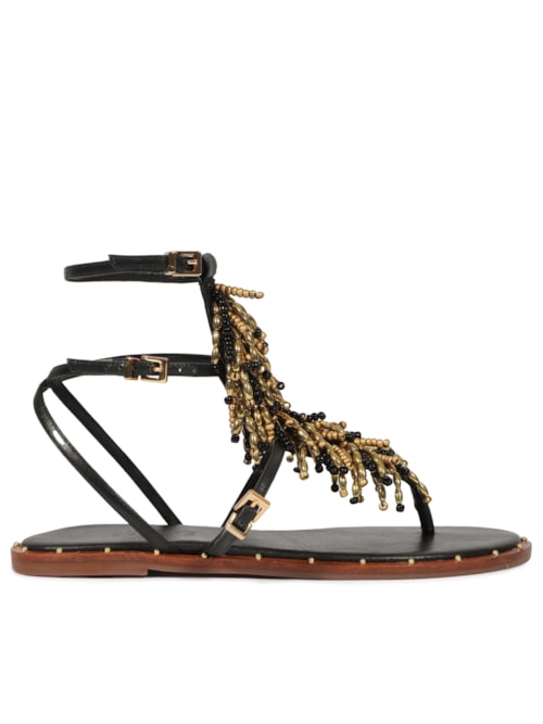 Sandália Feminina Rasteira Miçangas – Preto