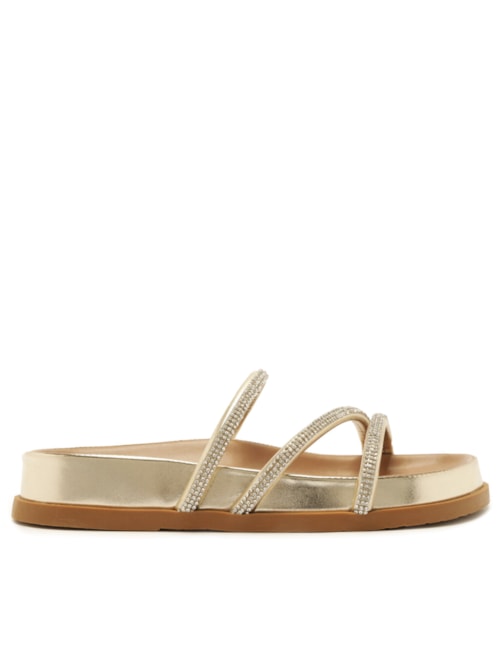 Sandália Feminina Rasteira Papete Três Tiras Pedrarias – Dourado