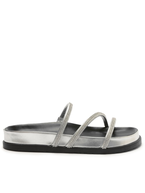 Sandália Feminina Rasteira Papete Três Tiras Pedrarias – Prata