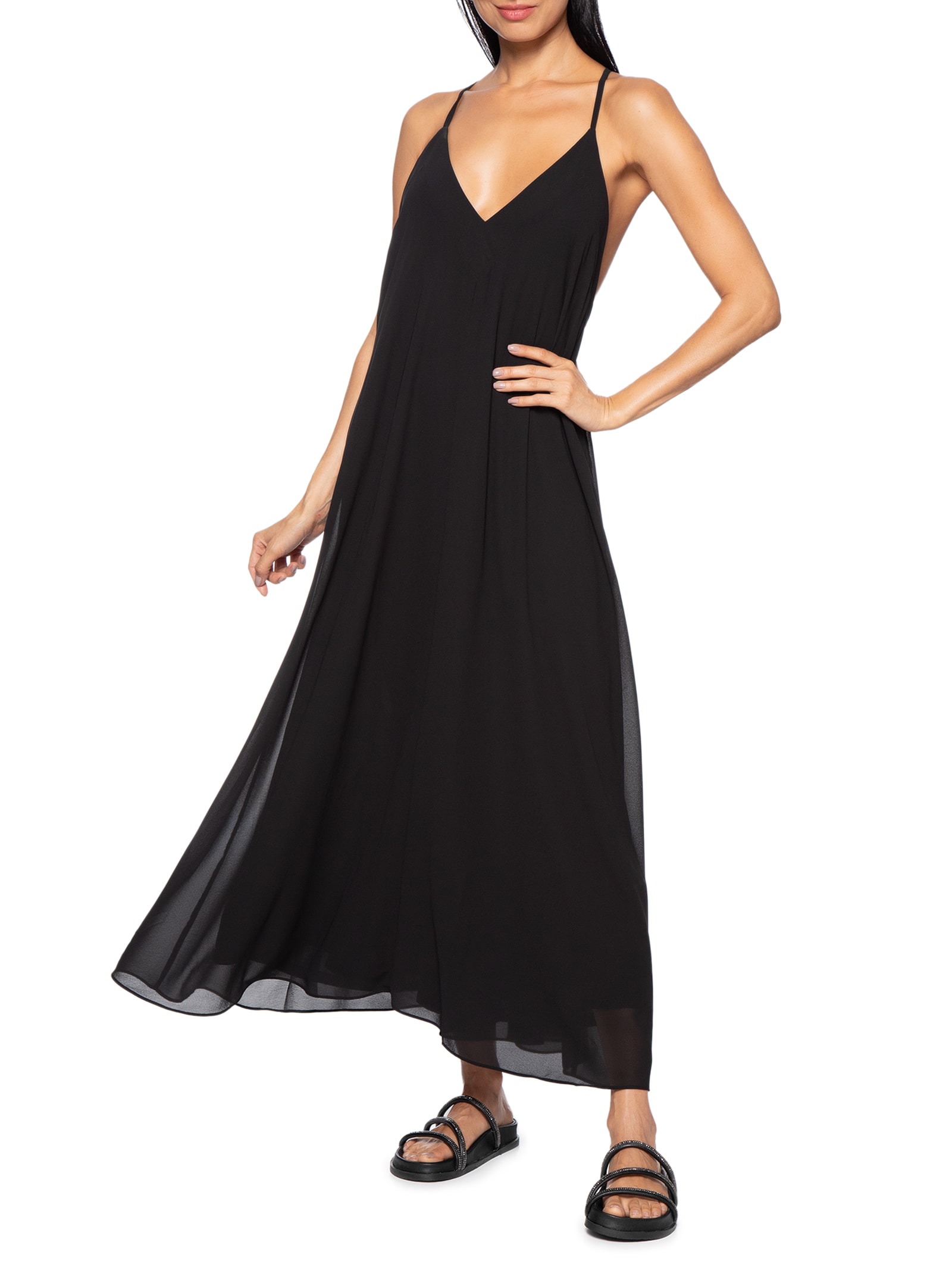 Sandália Feminina Rasteira Papete Três Tiras Pedrarias Preto Anacapri