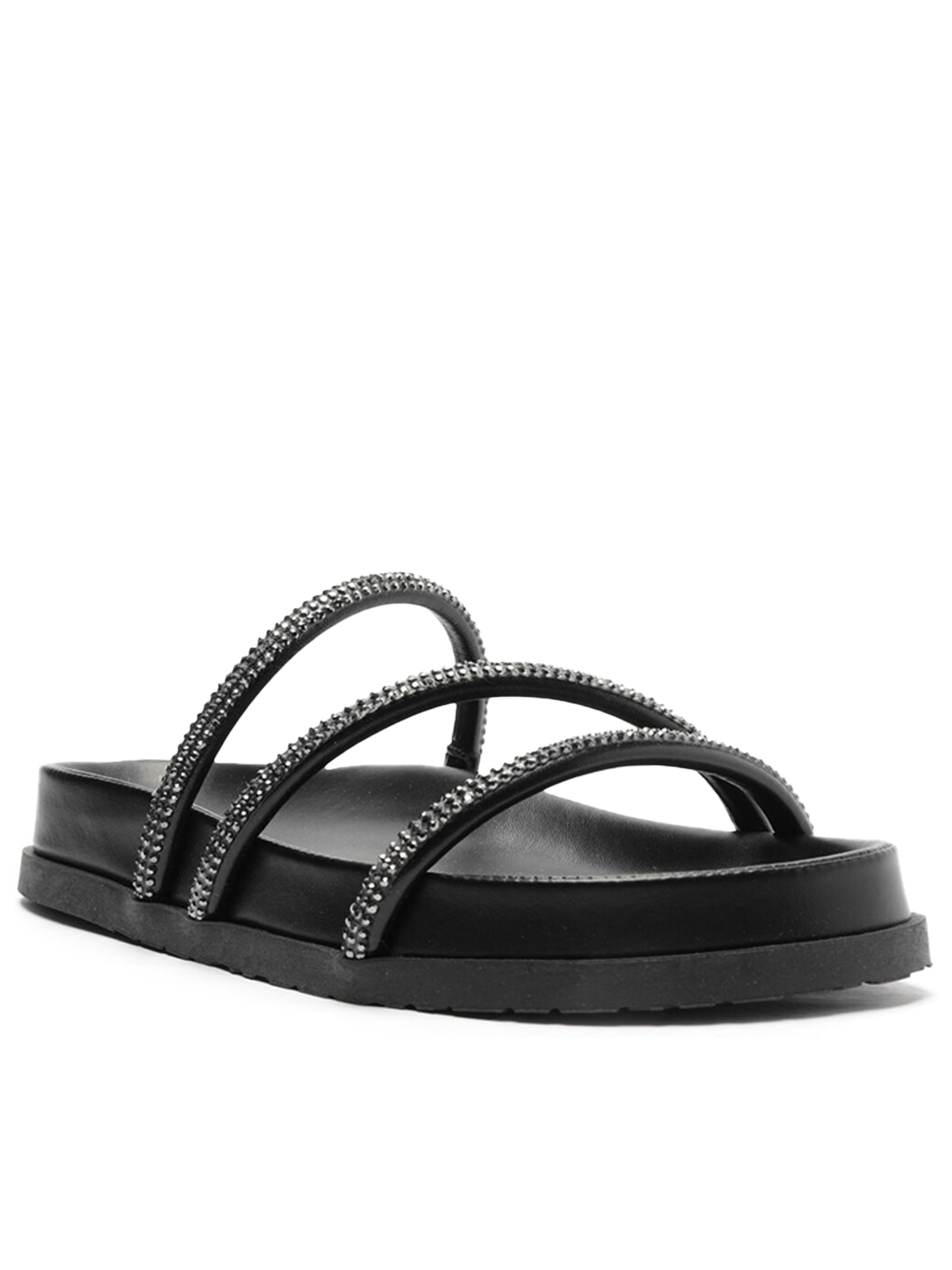 Sandália Feminina Rasteira Papete Três Tiras Pedrarias Preto Anacapri