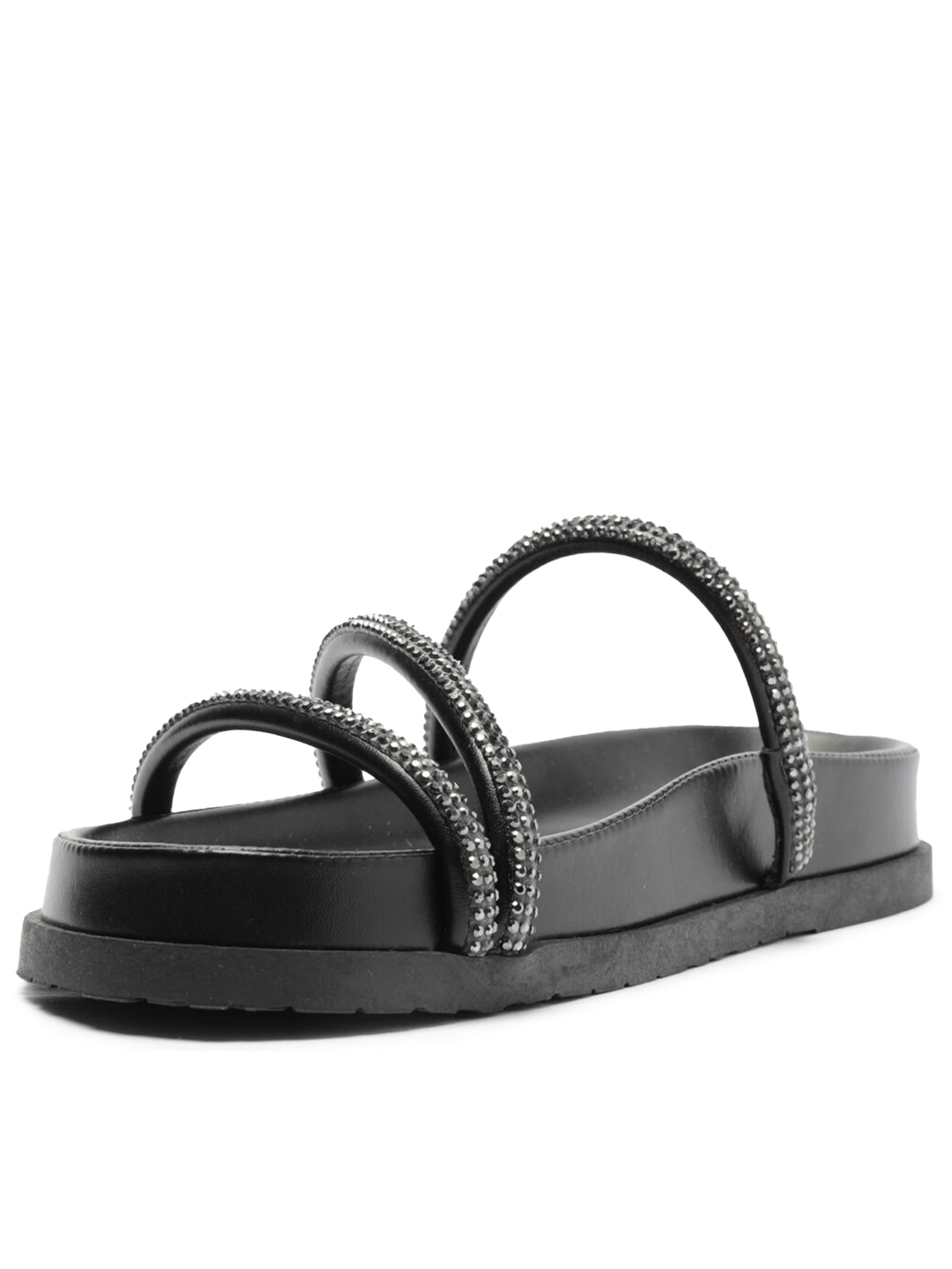 Sandália Feminina Rasteira Papete Três Tiras Pedrarias Preto Anacapri