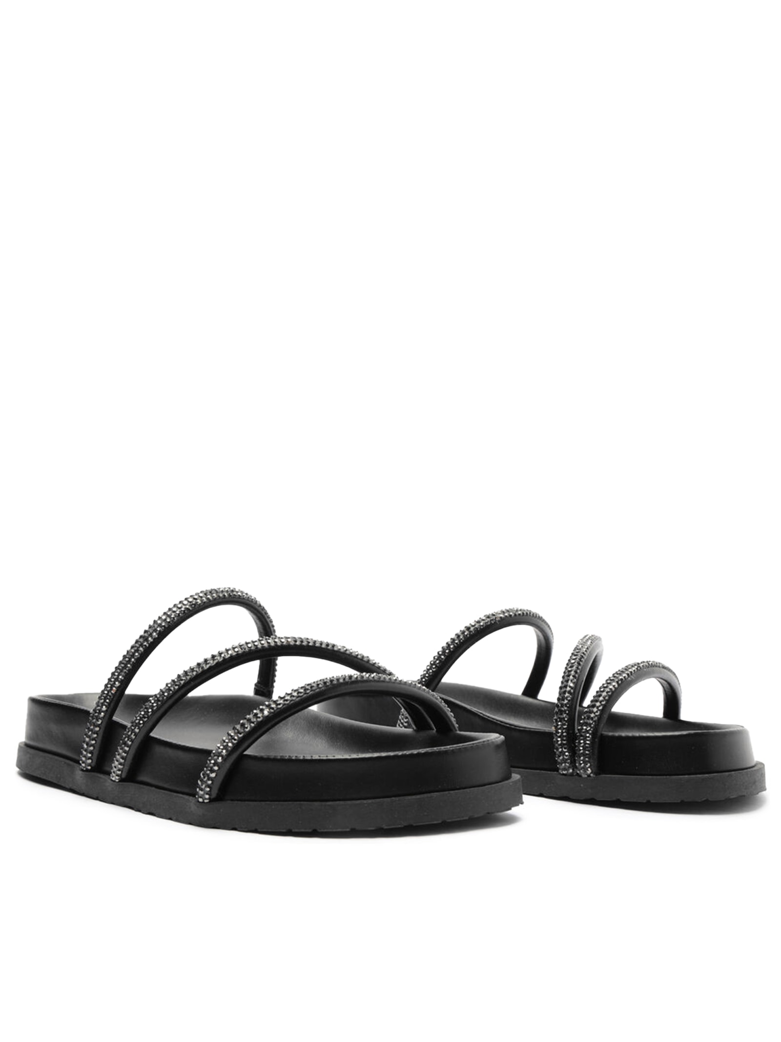 Sandália Feminina Rasteira Papete Três Tiras Pedrarias Preto Anacapri