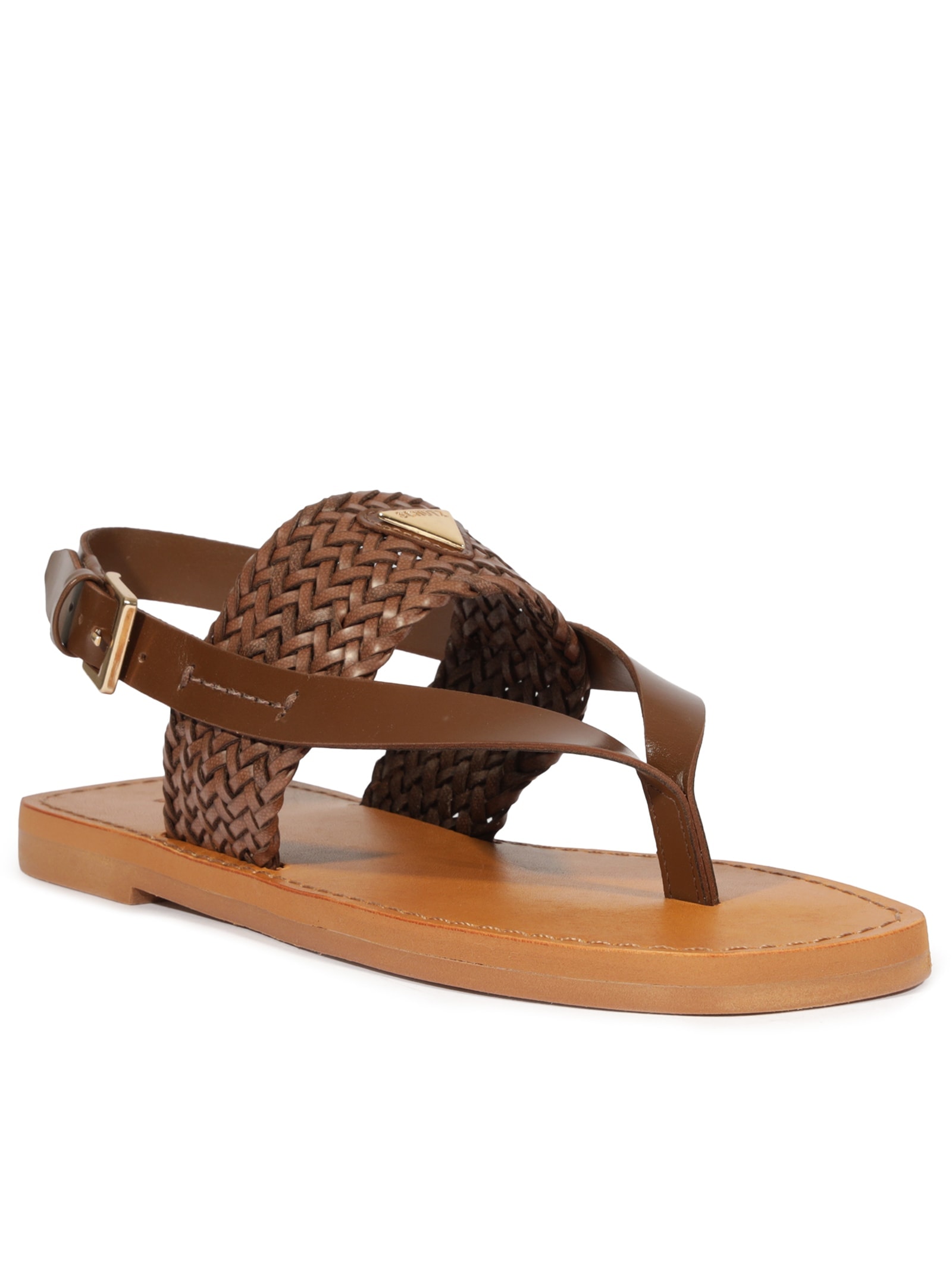 Sandália Feminina Rasteira Tira Tressê Couro Marrom Schutz