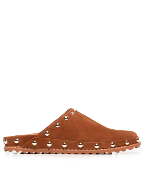 Sandália Feminina Sabot Em Camurça Caramelo Com Studs – Bege