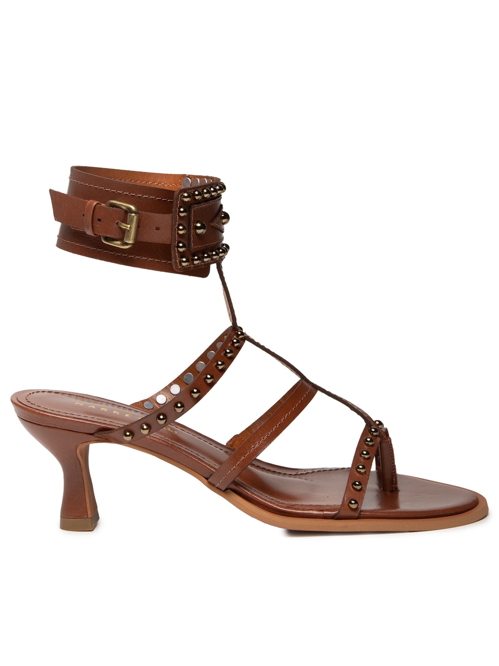 Sandália Feminina Salto Com Tachas Marrom Market 33