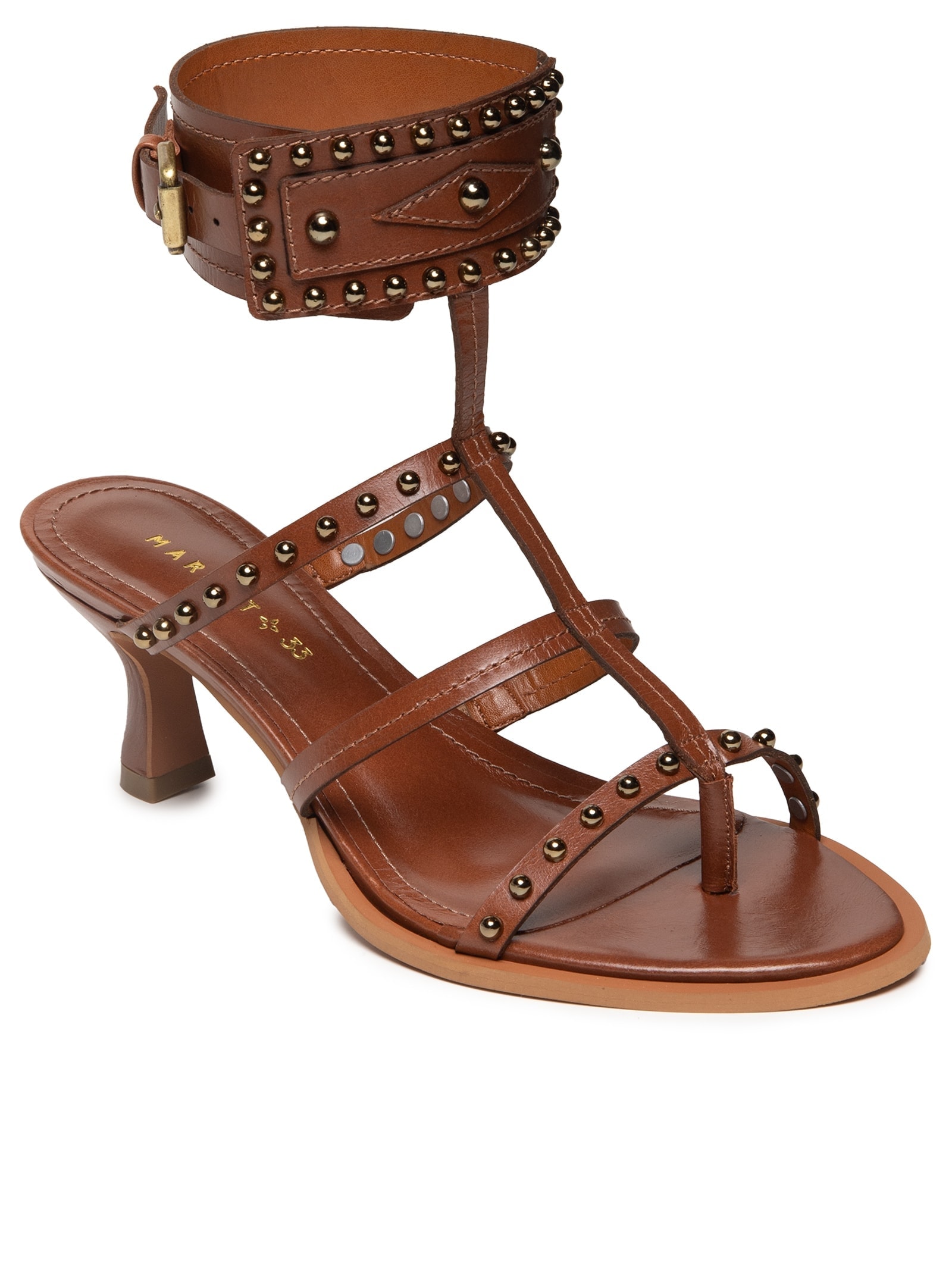 Sandália Feminina Salto Com Tachas Marrom Market 33