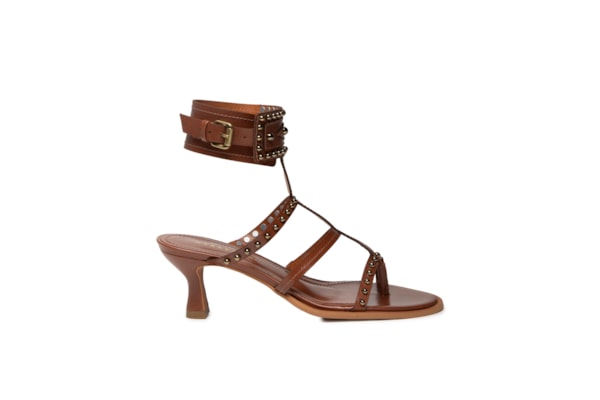 Sandália Feminina Salto Com Tachas - Marrom