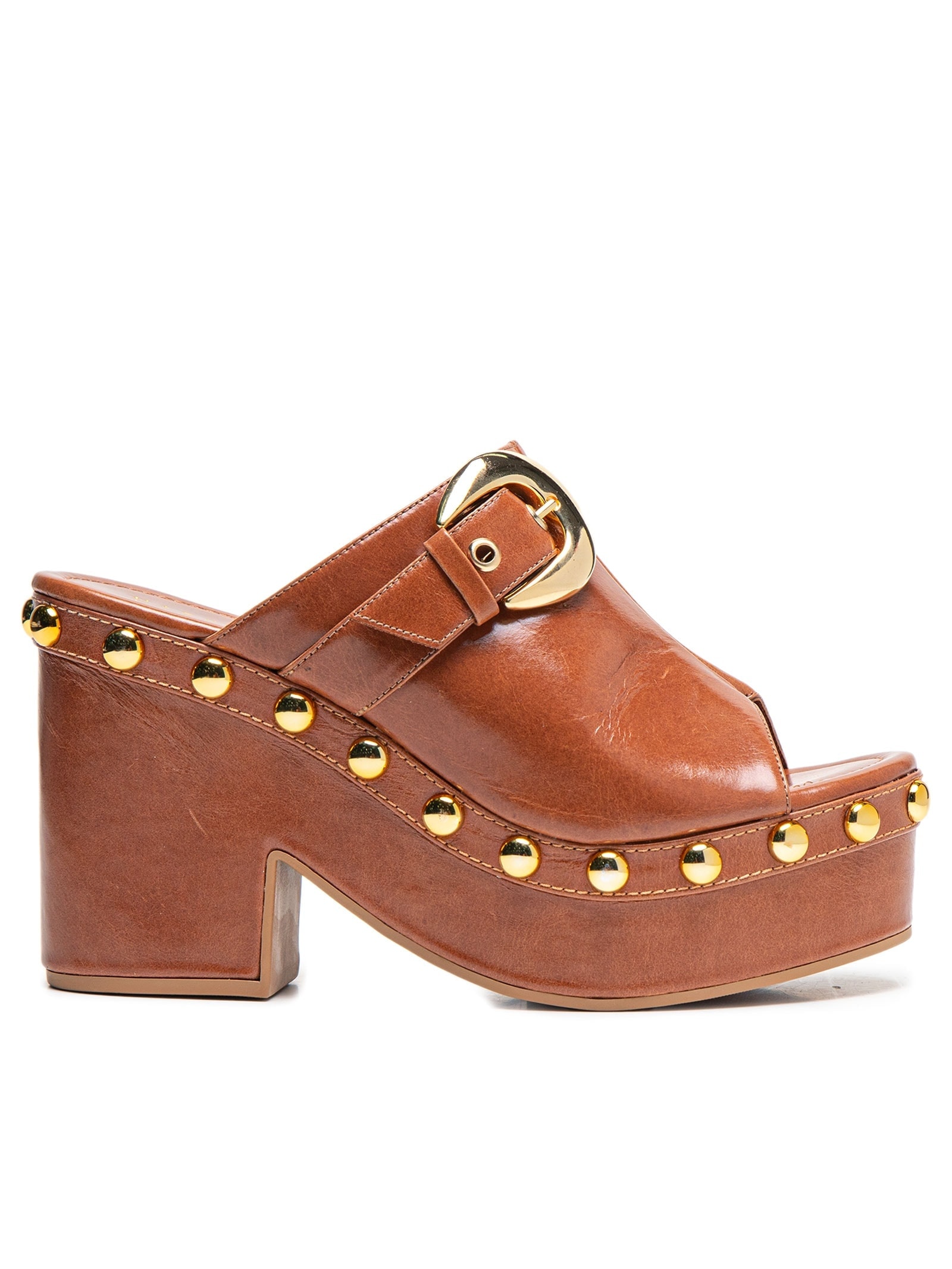 Sandália Feminina Tamanco Couro com Tachas e Fivela Marrom Market 33