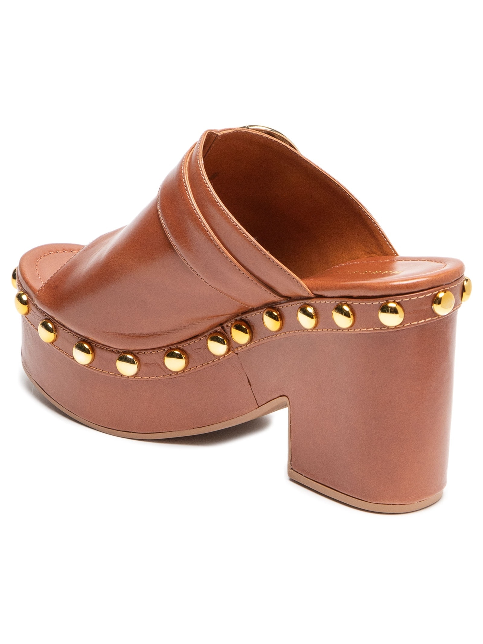 Sandália Feminina Tamanco Couro com Tachas e Fivela Marrom Market 33