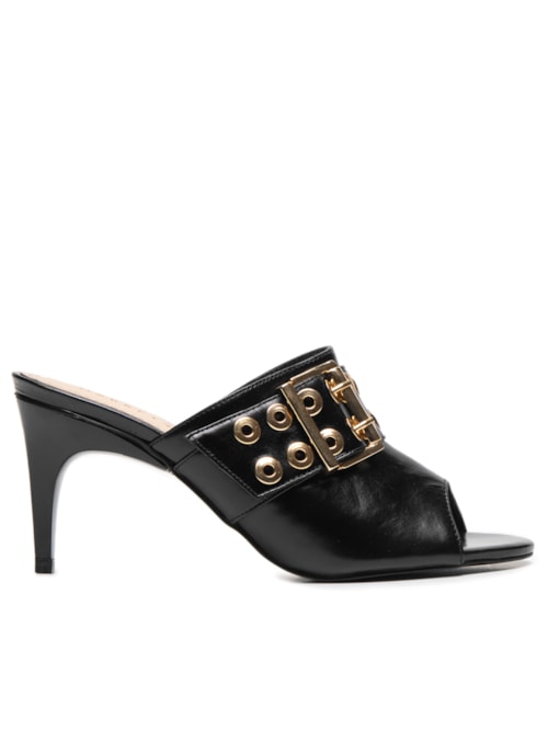 Sandália Feminina Tamanco Couro com Tachas e Fivela – Preto