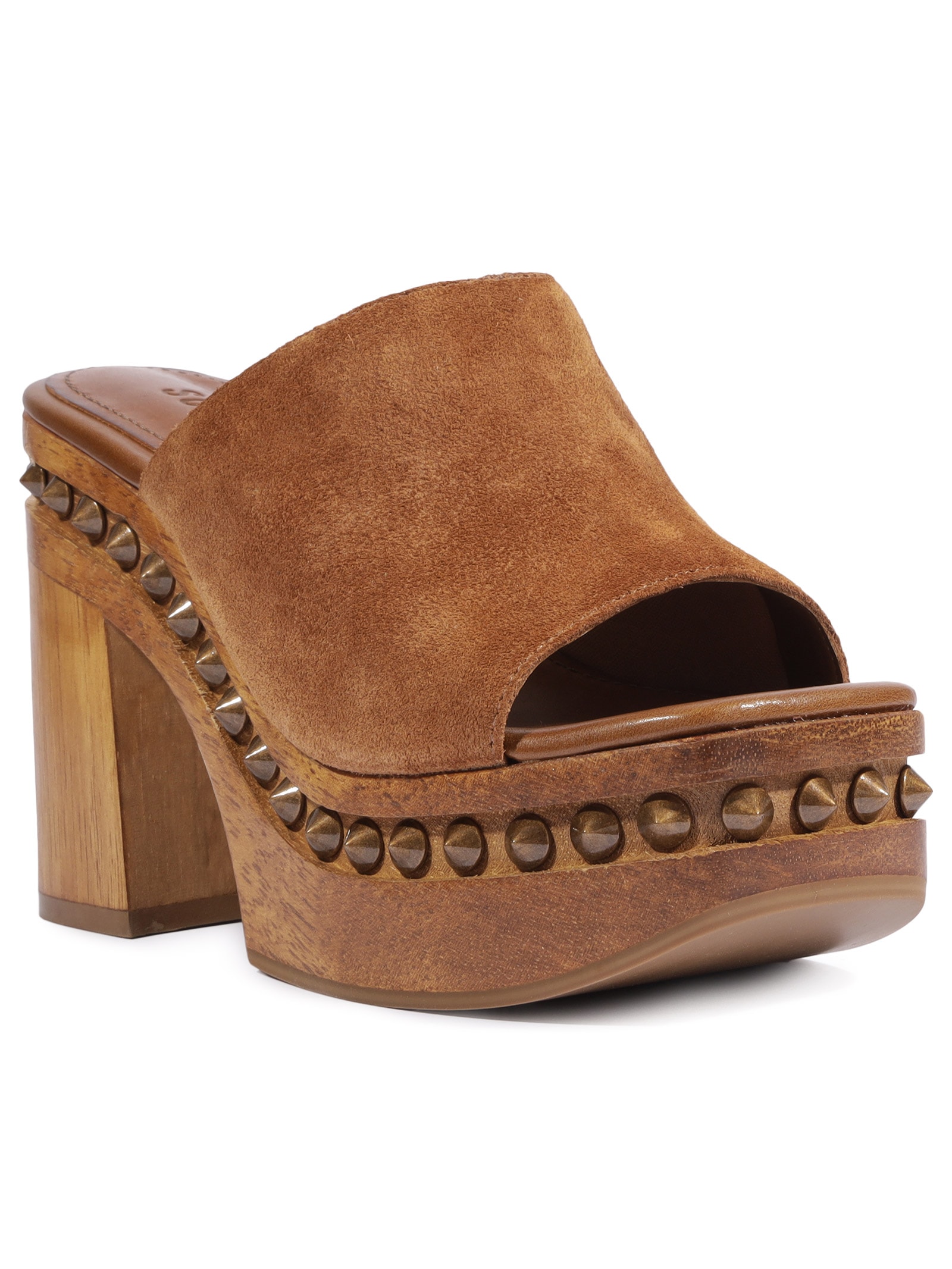 Sandália Feminina Tamanco Salto Alto Spikes Couro Marrom Schutz