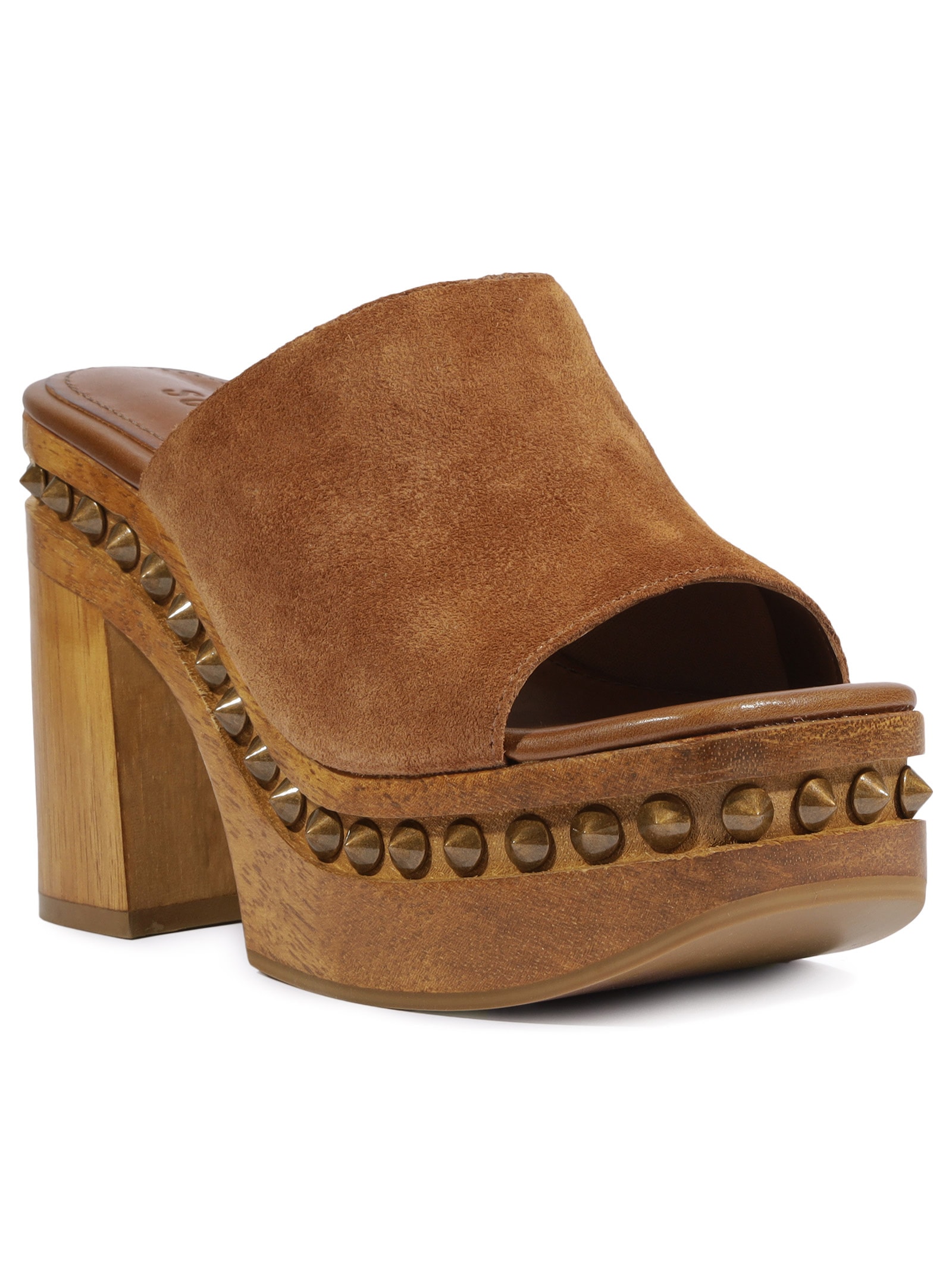 Sandália Feminina Tamanco Salto Alto Spikes Couro Marrom Schutz