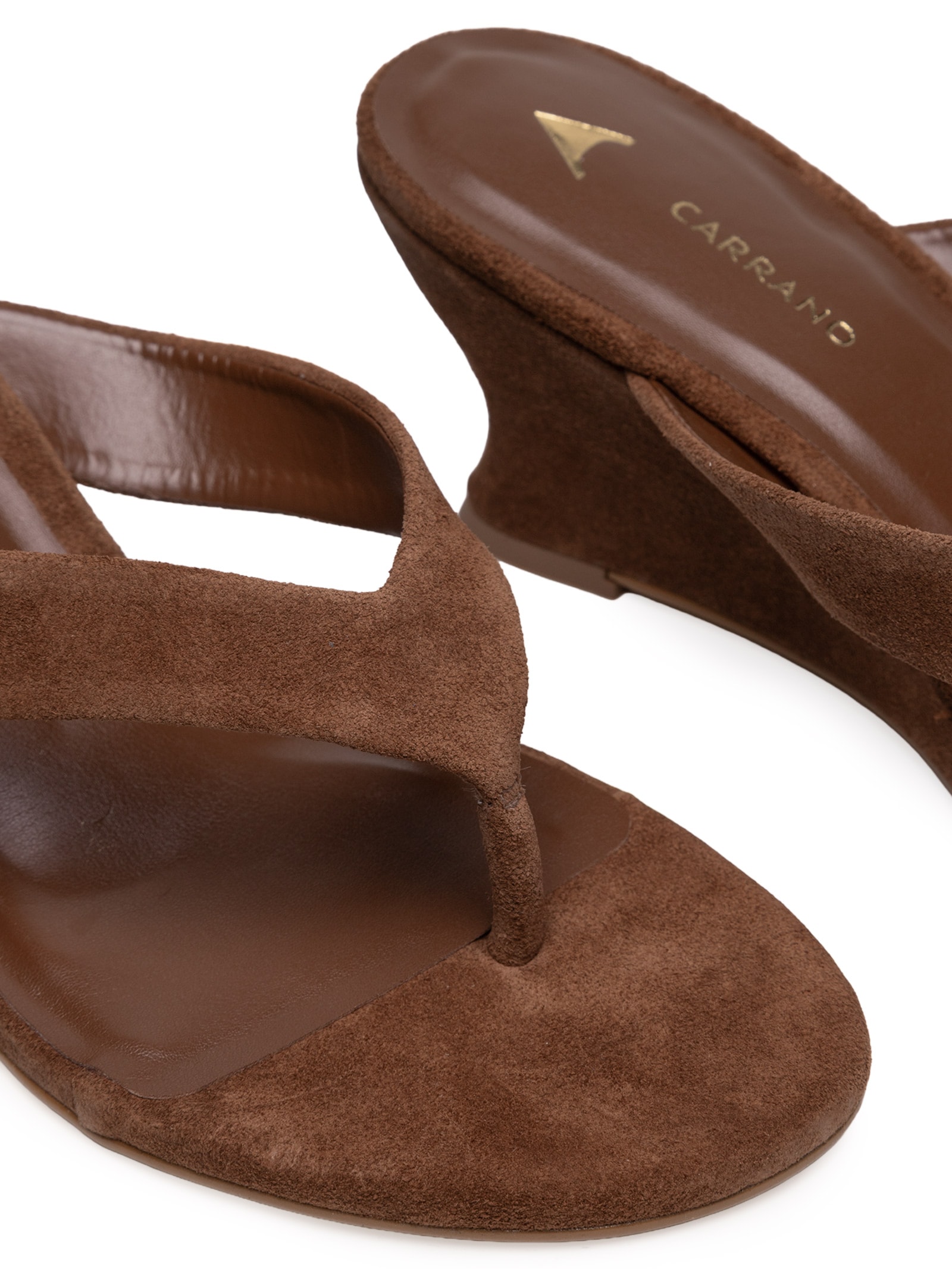 Sandália Feminina Thong Anabela Couro Suede Marrom Carrano