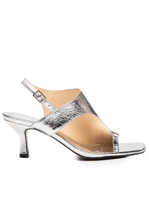 Sandália Feminina Tira Larga Em Couro – Prata