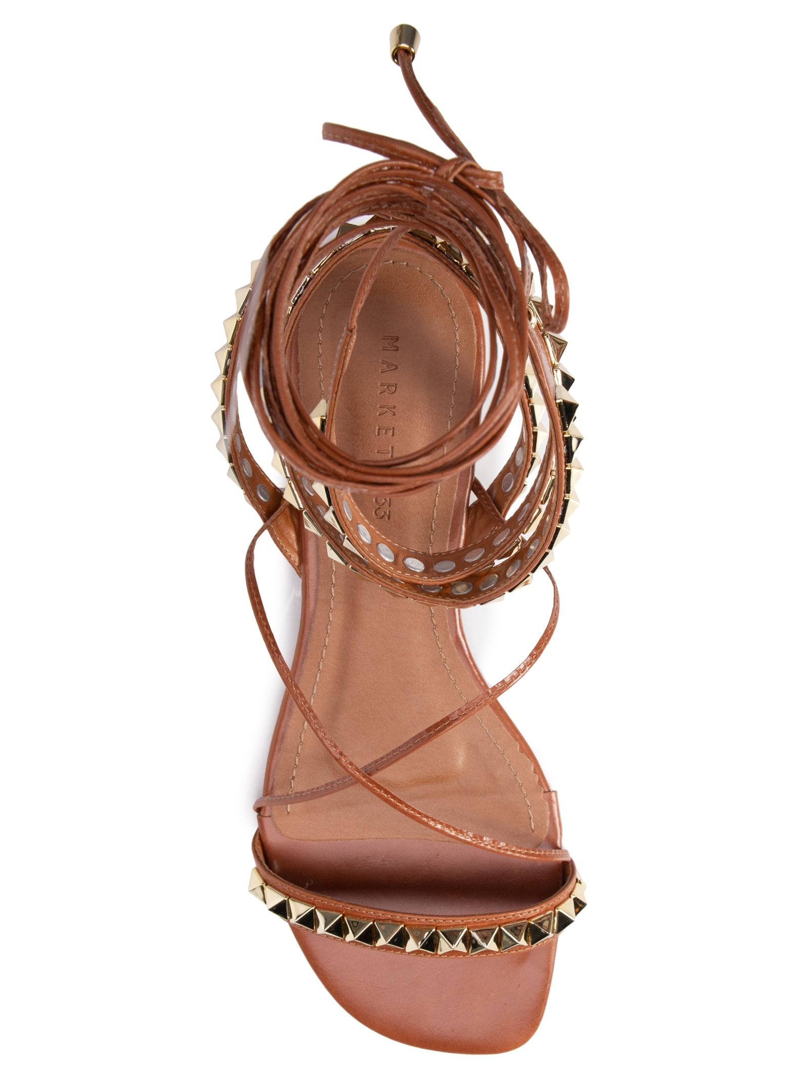 Sandália Rasteira Couro Spikes Amarração Marrom Market 33