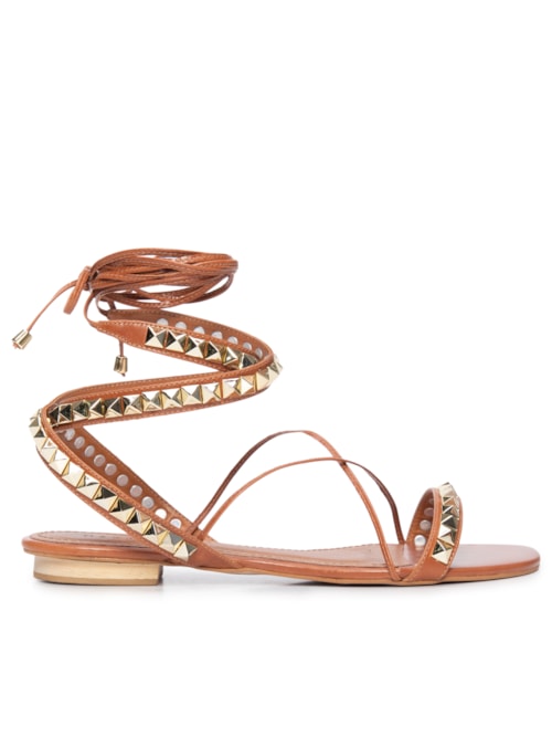 Sandália Rasteira Couro Spikes Amarração - Marrom
