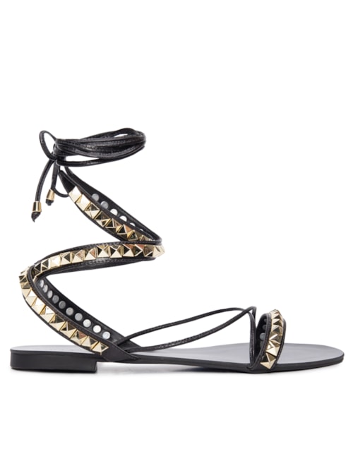 Sandália Rasteira Couro Spikes Amarração - Preto