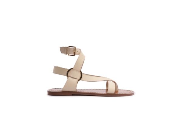 Sandália Rasteira Couro Tiras Largas - Bege