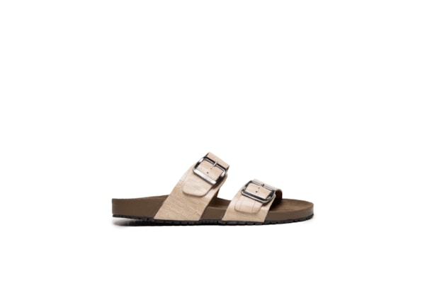 Sandália Unissex De Tiras Em Couro Croco - Bege