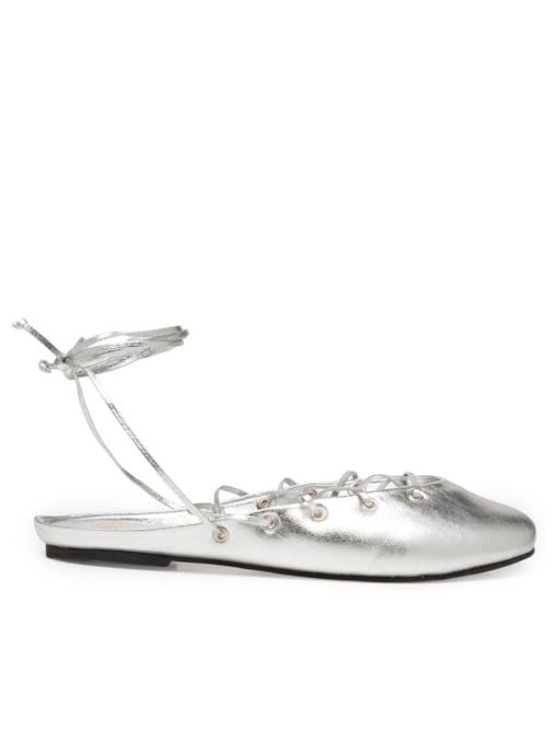 Sapatilha Com Amarração Em Couro – Prateado