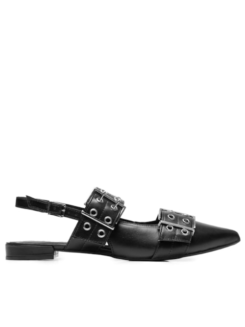 Sapatilha Feminina Em Couro Com Bico Fino E Detalhes Em Fivelas E Ilhóses – Preto