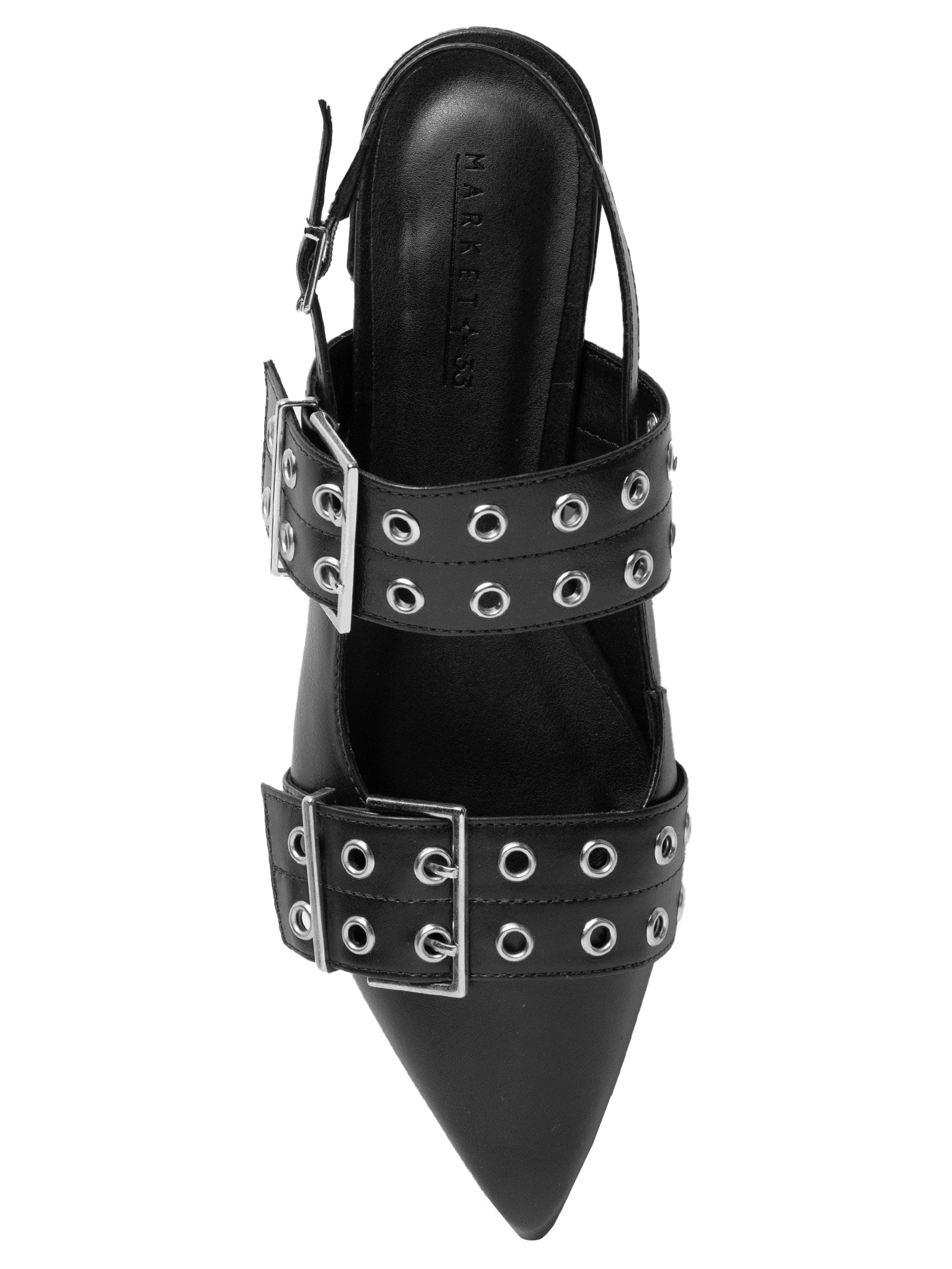 Sapatilha Feminina Em Couro Com Bico Fino E Detalhes Em Fivelas E Ilhóses Preto Market 33