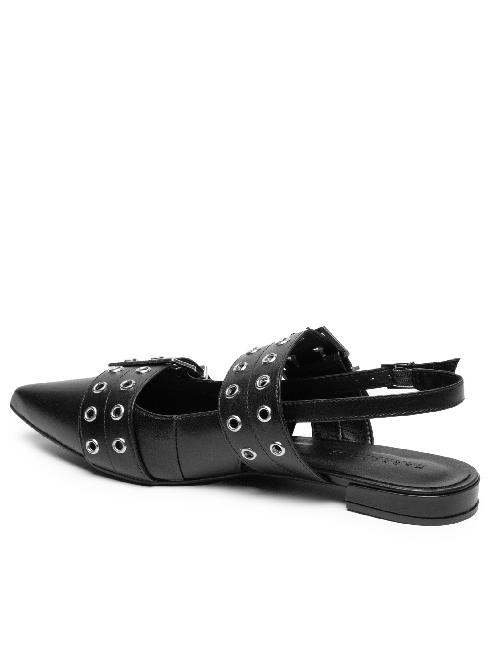 Sapatilha Feminina Em Couro Com Bico Fino E Detalhes Em Fivelas E Ilhóses Preto Market 33