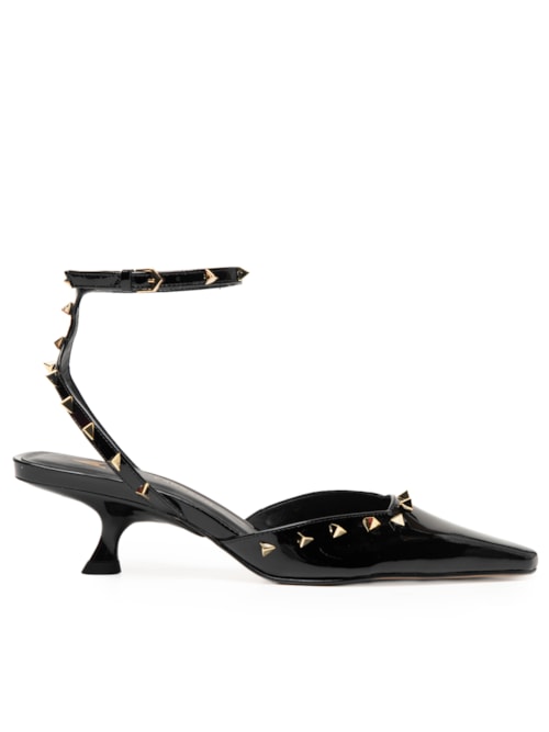 Sapato Feminino Scarpin Slingback Tachas Couro Verniz – Preto