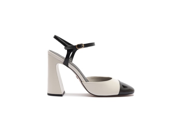Scarpin Couro Salto Bloco Slingback Cap Toe - Branco