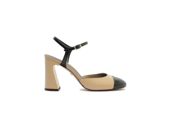 Scarpin Couro Salto Bloco Slingback Cap Toe - Marrom
