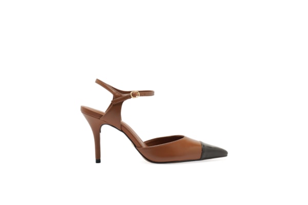 Scarpin Feminino Couro Salto Fino Fivela Slingback - Marrom
